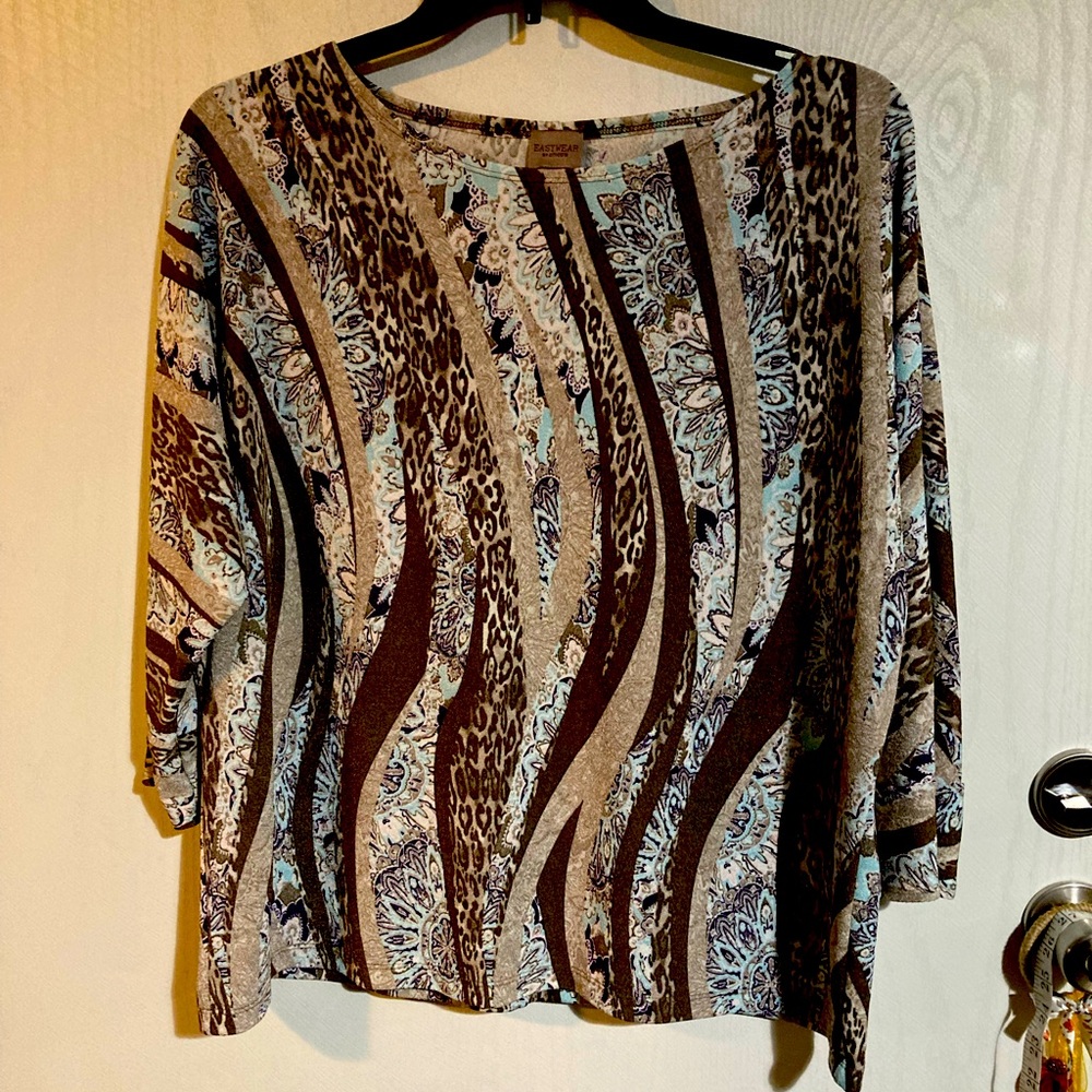 Chico's Brown, Tan & Light Blue Patterned Wave-Print Women's Top